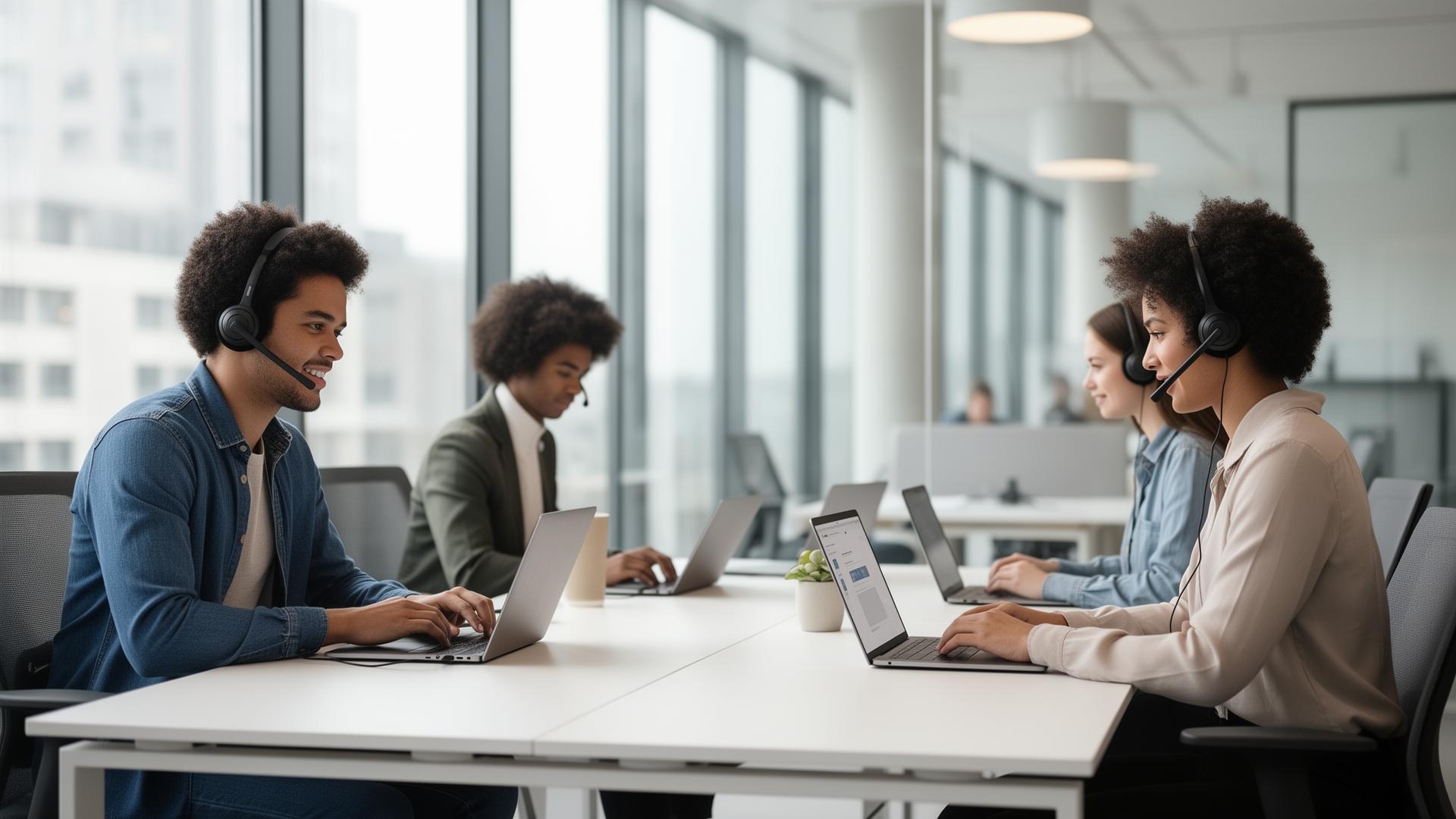 Team im modernen Büro telefoniert mit Headsets und Laptops über Best Softphone